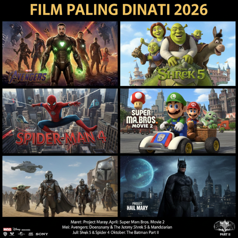 Kolase poster film paling dinanti tahun 2026 mencakup Avengers Doomsday, Shrek 5, Spider-Man 4, Super Mario Bros 2, The Mandalorian & Grogu, dan The Batman Part II.