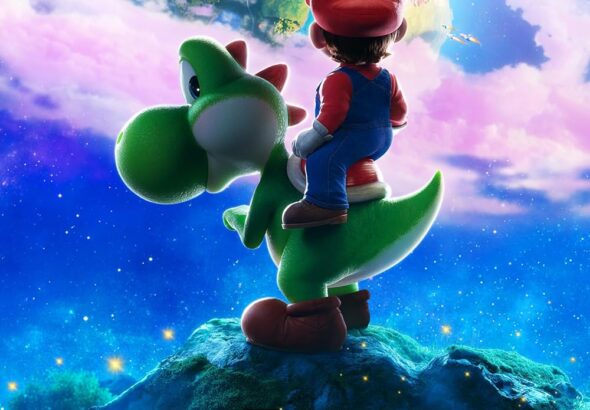 Mario dan Yoshi berdiri di puncak bukit memandang planet galaksi dalam poster Super Mario Galaxy Movie 2026 dengan latar luar angkasa penuh warna.
