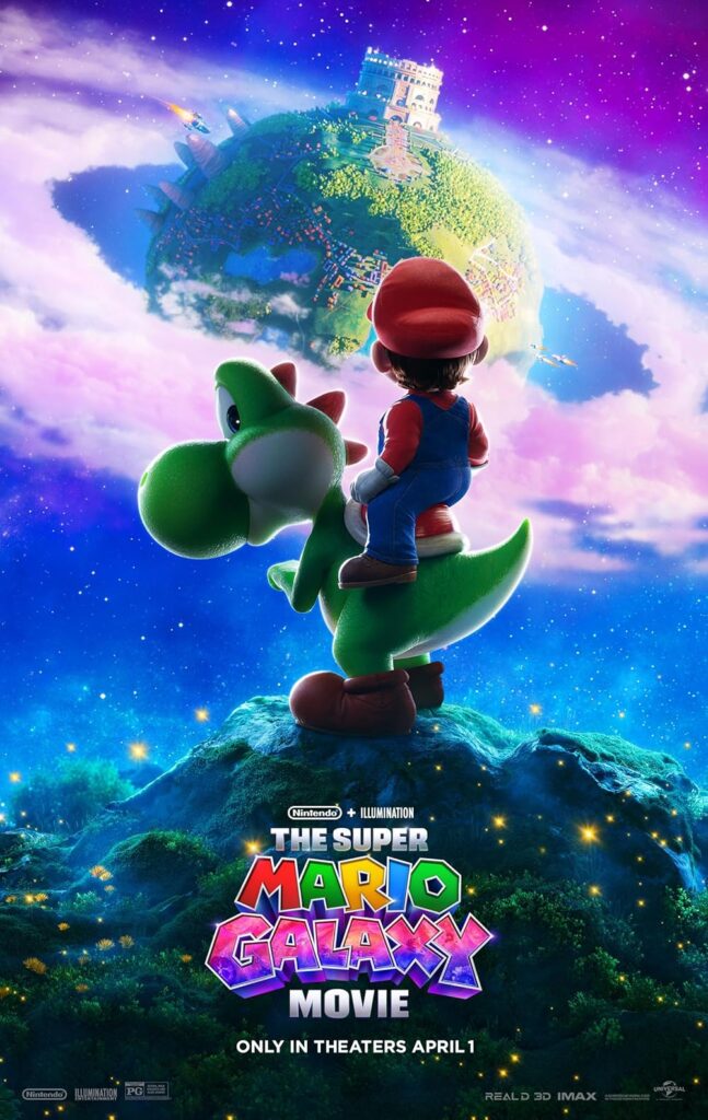 Mario dan Yoshi berdiri di puncak bukit memandang planet galaksi dalam poster Super Mario Galaxy Movie 2026 dengan latar luar angkasa penuh warna.