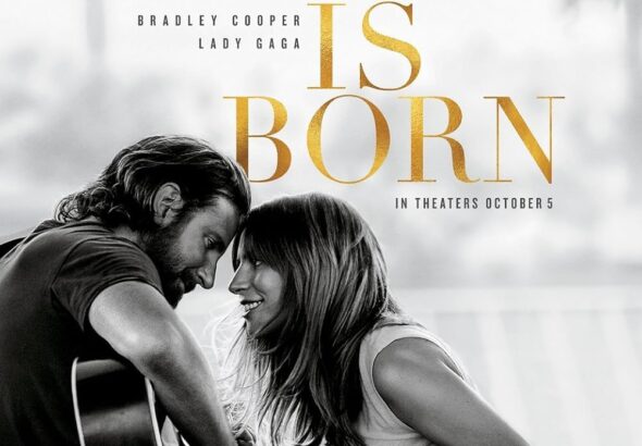 Poster film A Star Is Born (2018) menampilkan Bradley Cooper dan Lady Gaga duduk berhadapan sambil bermain gitar