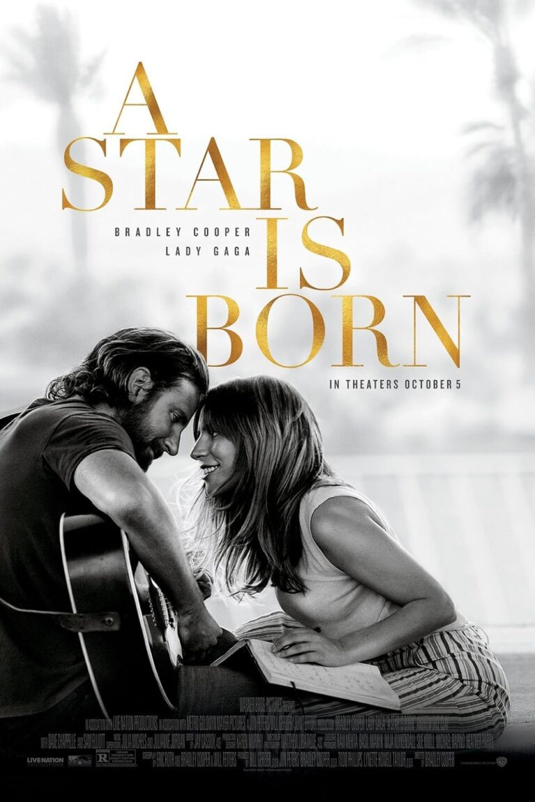 Poster film A Star Is Born (2018) menampilkan Bradley Cooper dan Lady Gaga duduk berhadapan sambil bermain gitar