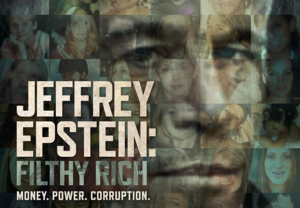 Poster dokumenter Netflix Jeffrey Epstein: Filthy Rich menampilkan kolase wajah para korban dengan siluet Jeffrey Epstein di tengah