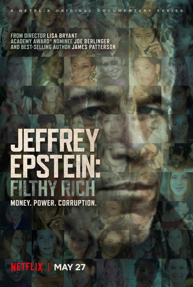 Poster dokumenter Netflix Jeffrey Epstein: Filthy Rich menampilkan kolase wajah para korban dengan siluet Jeffrey Epstein di tengah