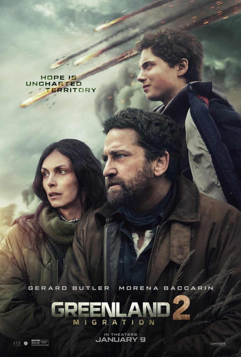 Poster film Greenland 2: Migration menampilkan Gerard Butler, Morena Baccarin, dan seorang anak menatap langit saat hujan meteor menghantam bumi.