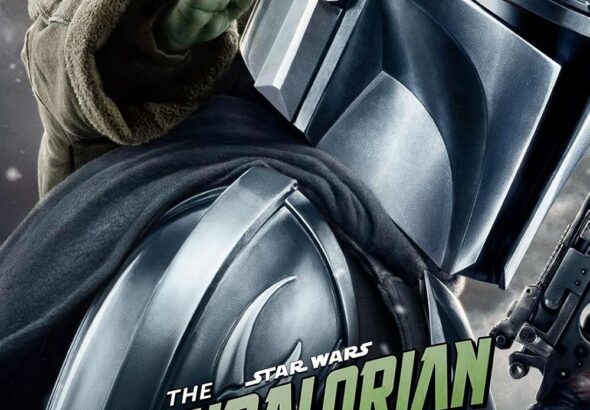 Poster The Mandalorian and Grogu dengan Mandalorian dan Grogu dalam gaya epik, menunjukkan ikatan mereka yang tak terpisahkan.