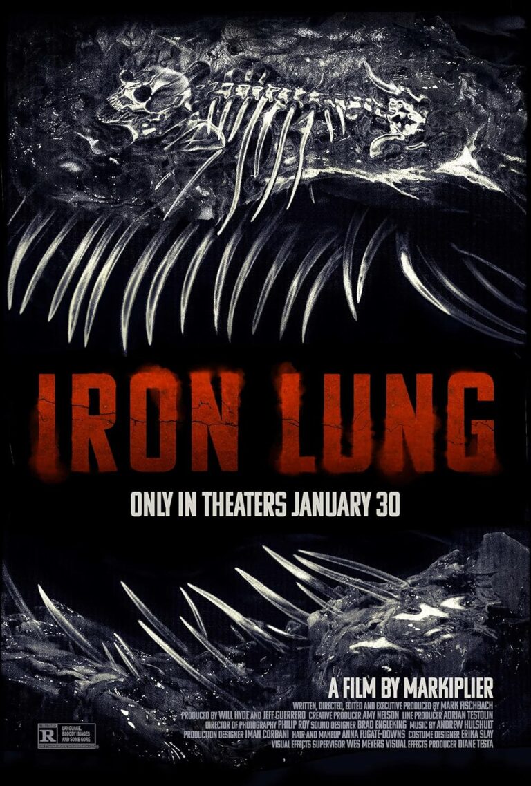 Poster film Iron Lung (2026) menampilkan makhluk misterius laut dalam dengan tulang dan taring tajam yang mencerminkan teror psikologis dan suasana gelap di kedalaman samudra.
