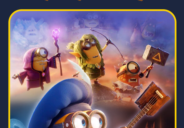 Poster film "Minions & Monsters (2026)" menampilkan Minions yang mengenakan kostum peran dan bertualang bersama monster, dengan berbagai karakter Minions yang mengenakan pakaian seperti penyihir dan ksatria, serta beberapa monster fantastis.