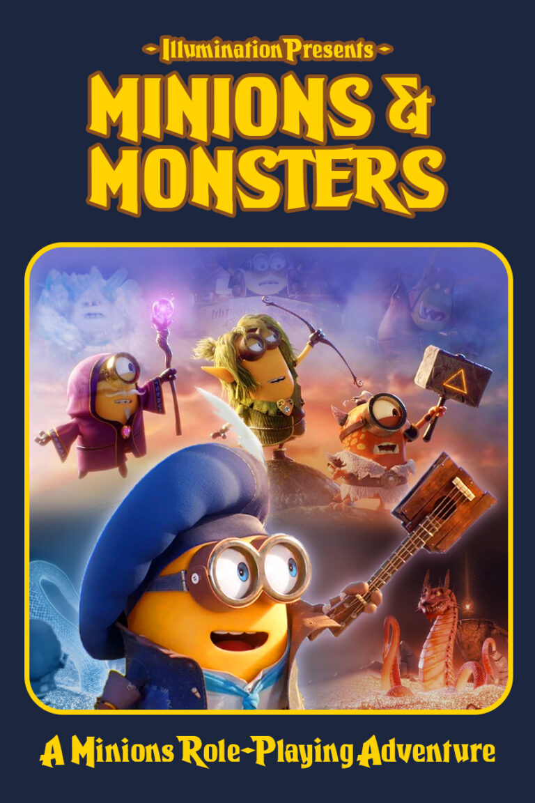 Poster film "Minions & Monsters (2026)" menampilkan Minions yang mengenakan kostum peran dan bertualang bersama monster, dengan berbagai karakter Minions yang mengenakan pakaian seperti penyihir dan ksatria, serta beberapa monster fantastis.