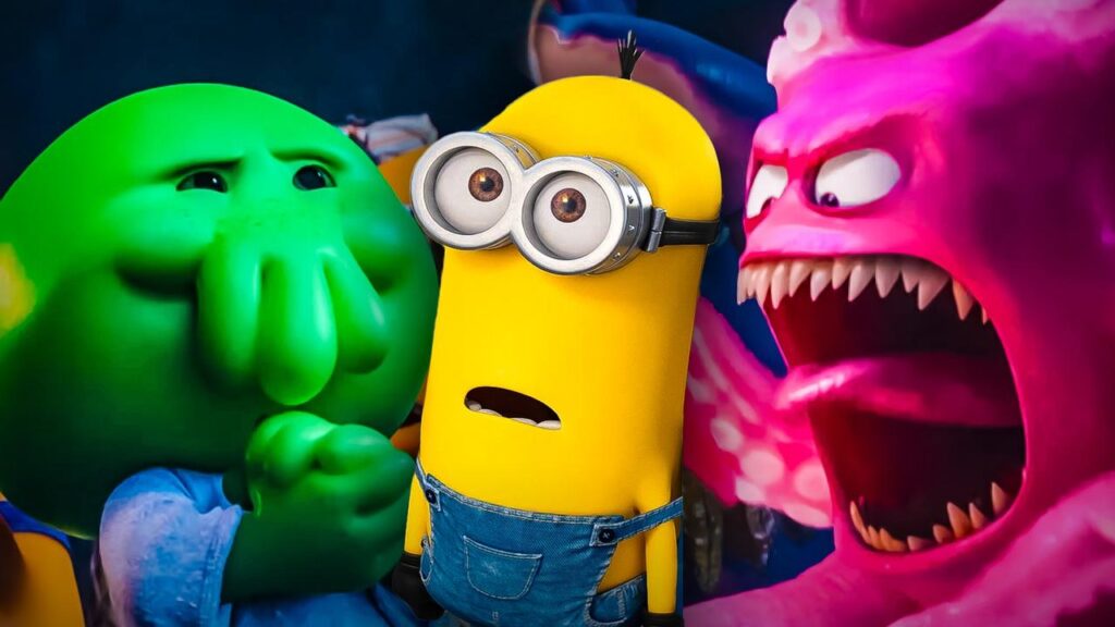 Poster film "Minions & Monsters (2026)" menampilkan Minions yang mengenakan kostum peran dan bertualang bersama monster, dengan berbagai karakter Minions yang mengenakan pakaian seperti penyihir dan ksatria, serta beberapa monster fantastis.