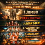 Poster banner film Indonesia terlaris 2026 menampilkan daftar Jumbo, KKN di Desa Penari, Agak Laen, Warkop DKI Reborn, dan Agak Laen Menyala Pantiku dengan desain dramatis dan sinematik.