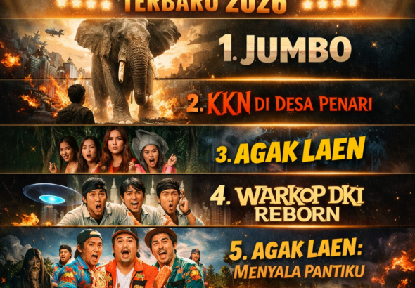 Poster banner film Indonesia terlaris 2026 menampilkan daftar Jumbo, KKN di Desa Penari, Agak Laen, Warkop DKI Reborn, dan Agak Laen Menyala Pantiku dengan desain dramatis dan sinematik.
