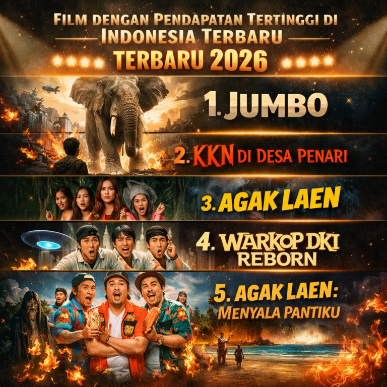 Poster banner film Indonesia terlaris 2026 menampilkan daftar Jumbo, KKN di Desa Penari, Agak Laen, Warkop DKI Reborn, dan Agak Laen Menyala Pantiku dengan desain dramatis dan sinematik.