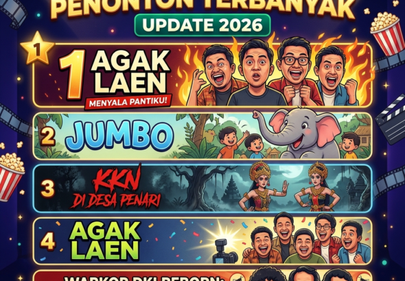 Infografis daftar 5 film Indonesia dengan penonton terbanyak update 2026, menampilkan Agak Laen: Menyala Pantiku, Jumbo, KKN di Desa Penari, Agak Laen, dan Warkop DKI Reborn.