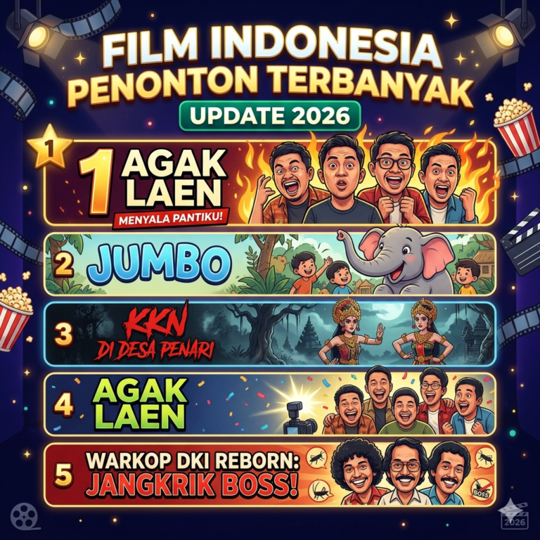 Infografis daftar 5 film Indonesia dengan penonton terbanyak update 2026, menampilkan Agak Laen: Menyala Pantiku, Jumbo, KKN di Desa Penari, Agak Laen, dan Warkop DKI Reborn.