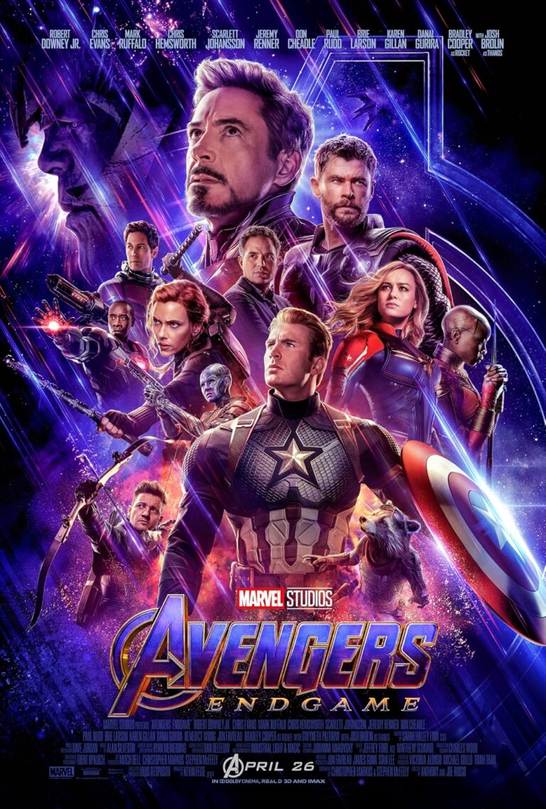 Poster resmi untuk film "Avengers: Endgame" menampilkan pemeran ansambel dalam pakaian pahlawan super penuh dengan logo Marvel Studios di bagian bawah.