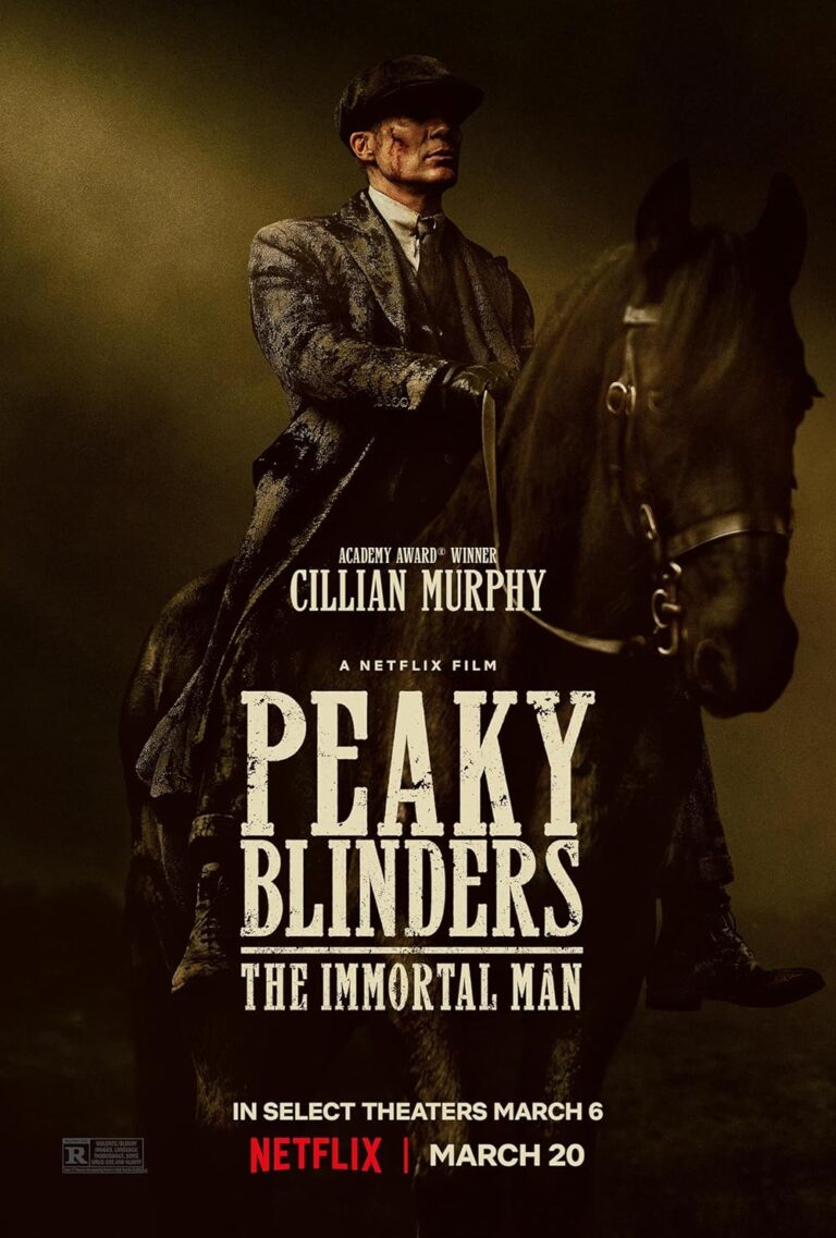 Poster film 'Peaky Blinders: The Immortal Man' menampilkan Cillian Murphy sebagai Tommy Shelby menunggang kuda hitam di latar gelap.