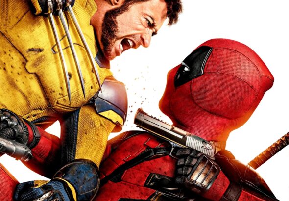 Poster film Deadpool & Wolverine (2024) menampilkan Deadpool yang beraksi dengan Wolverine, dua karakter superhero dari Marvel, dalam pertarungan penuh aksi yang menegangkan.