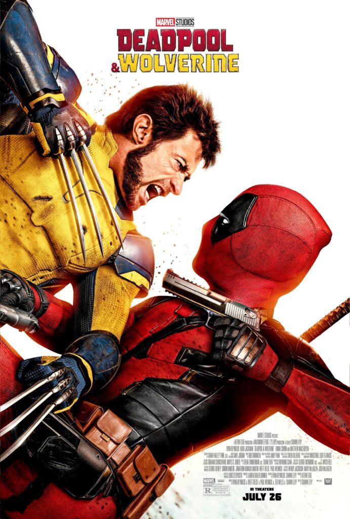 Poster film Deadpool & Wolverine (2024) menampilkan Deadpool yang beraksi dengan Wolverine, dua karakter superhero dari Marvel, dalam pertarungan penuh aksi yang menegangkan.