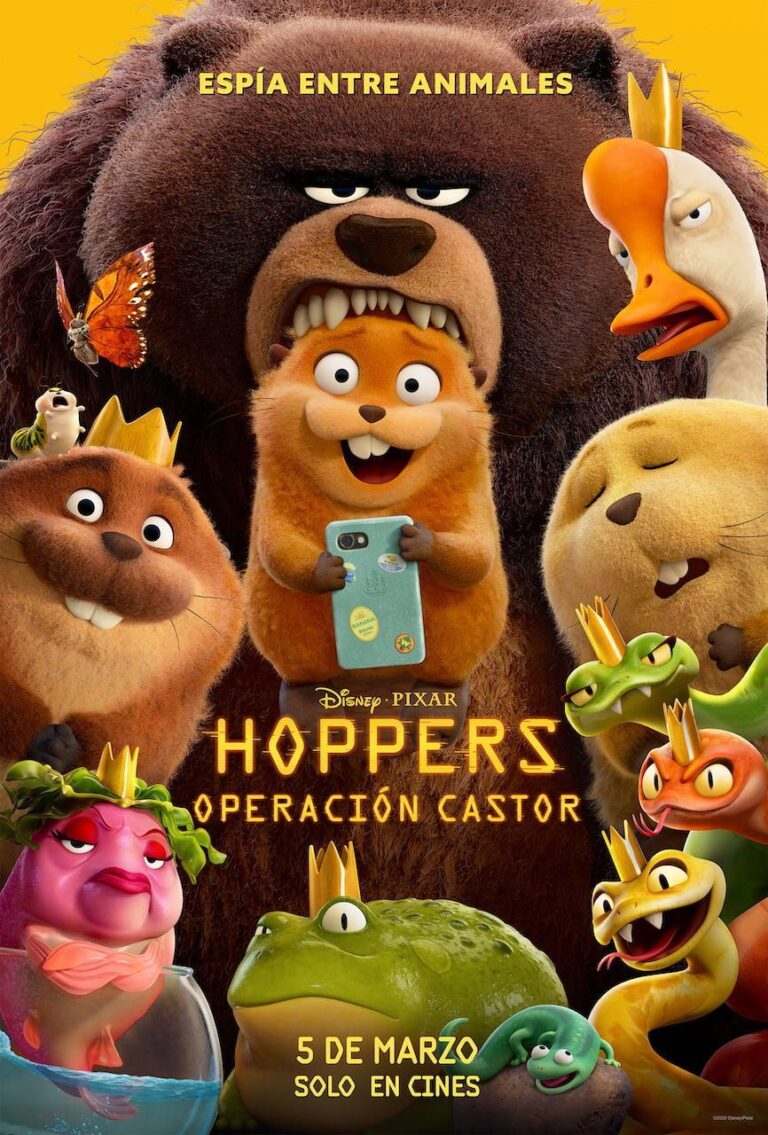 Poster film Hoppers (2026) dengan karakter animasi lucu termasuk berang-berang, ular, katak, dan burung. Poster ini menampilkan tagline "Espía entre animales" dan tanggal rilis 5 Maret 2026.