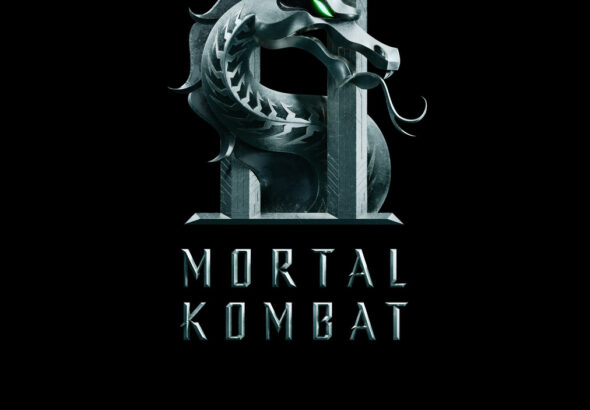 Poster Mortal Kombat II menampilkan logo naga ikonik dengan angka II berwarna gelap dan mata hijau menyala di latar hitam