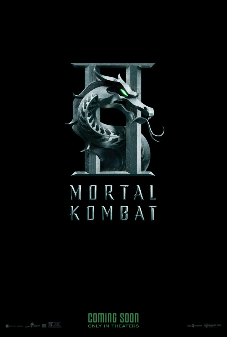 Poster Mortal Kombat II menampilkan logo naga ikonik dengan angka II berwarna gelap dan mata hijau menyala di latar hitam